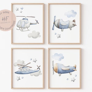 Watercolor Airplane Wall Art | Set of 4 | Boy Nursery Decor | Boy Airplane Bedroom Prints | Watercolor Airplane Fly Away Boy Nursery Decor