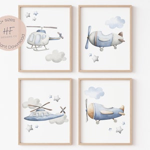 arte de parede de avião em aquarela | Conjunto de 4 | Decoração de berçário de menino | Impressões de quarto de avião de menino | Avião em aquarela voa para longe decoração de berçário de menino