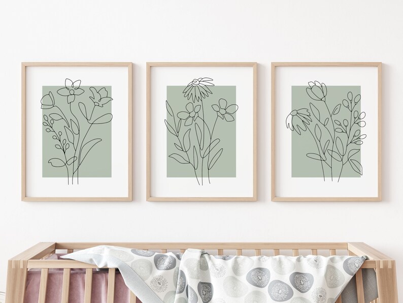 Sage Green Floral Nursery Wall Art Prints Set of 3, Girl Nursery Decor ...