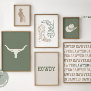 Cowboy Nursery Prints Set of 6 Gallery Wall Art, Boys Green Nursery Decor, Western Room Decor, Rustic Nursery, Rodeo Baby Printable Wall Art