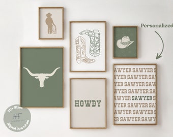 Cowboy Nursery Prints Set of 6 Gallery Wall Art, Boys Green Nursery Decor, Western Room Decor, Rustic Nursery, Rodeo Baby Printable Wall Art