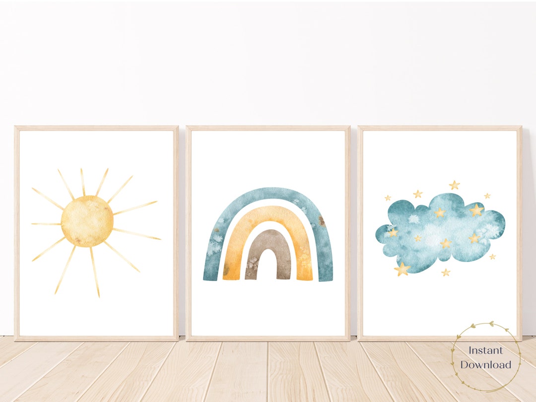 Watercolor Rainbow Prints Sun Rainbow Cloud Art Set of 3 - Etsy
