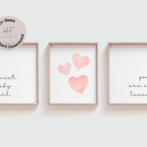 Neutral Nursery Wall Art Prints Set of 3, Girl Nursery Decor, Girls Bedroom Heart Posters, You Are Loved Prints, Blush Pink Nursery Art