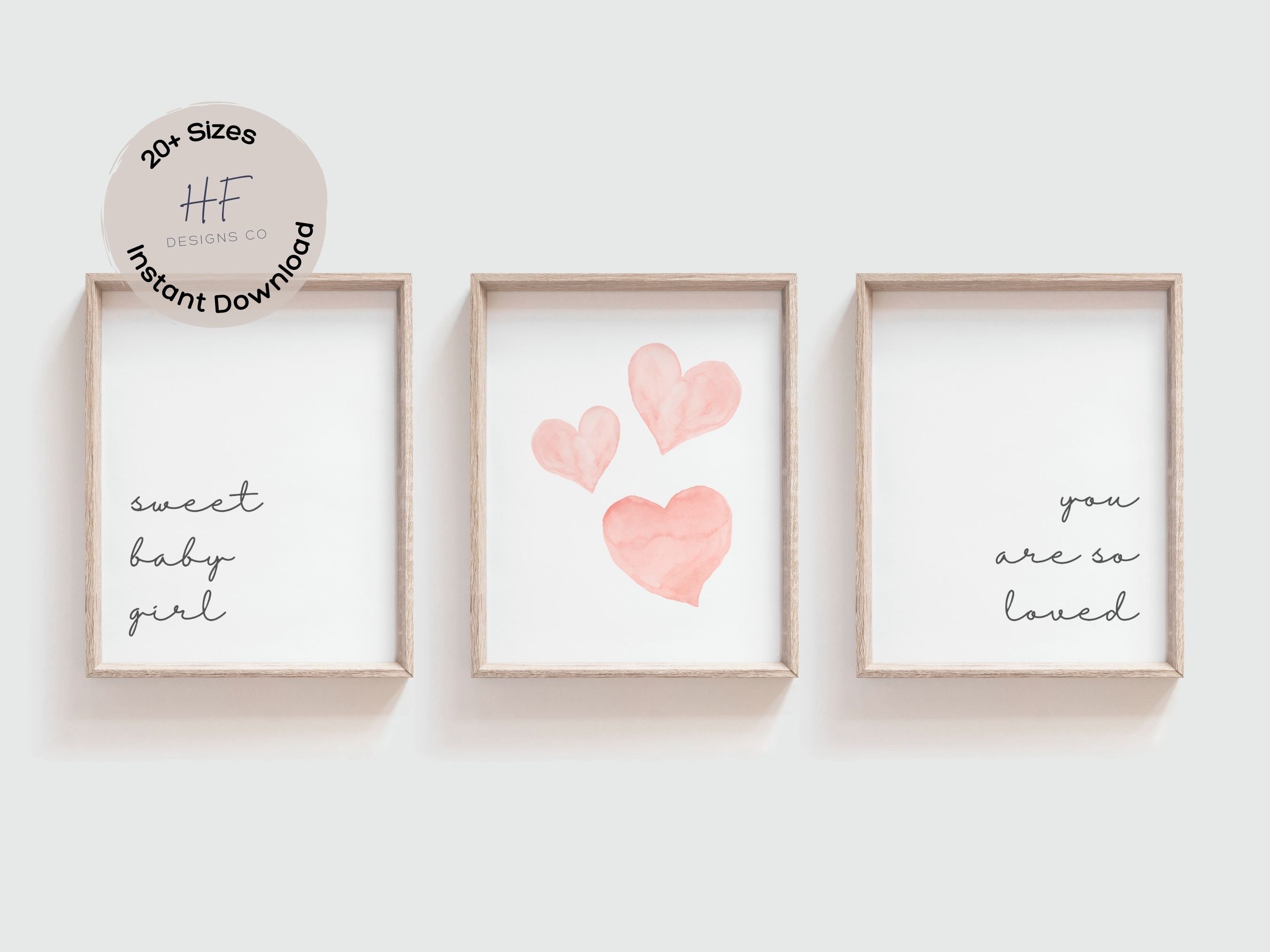 Neutral Nursery Wall Art Prints Set of 3, Girl Nursery Decor, Girls Bedroom Heart Posters, You Are Loved Prints, Blush Pink Nursery Art