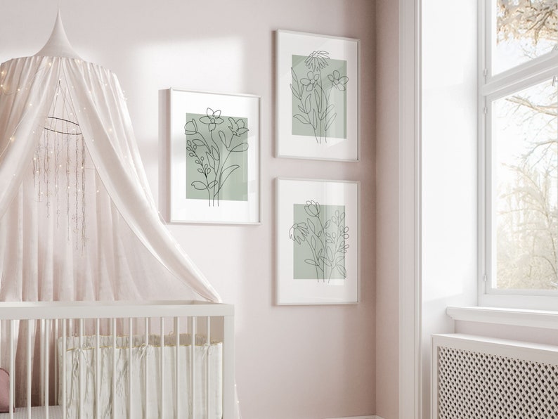Sage Green Floral Nursery Wall Art Prints Set of 3, Girl Nursery Decor ...