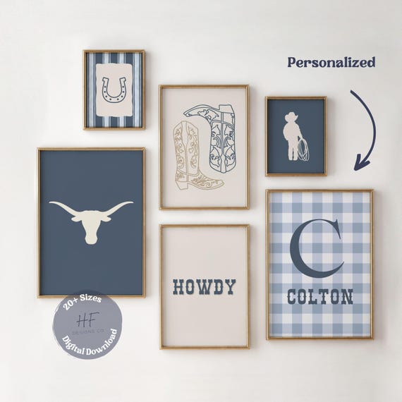 Cowboy Gingham Nursery Gallery Wall Art, Boys Blue Nursery Decor, Western Room Decor, Rustic Nursery, Rodeo Baby Set of 6 Wall Art Prints
