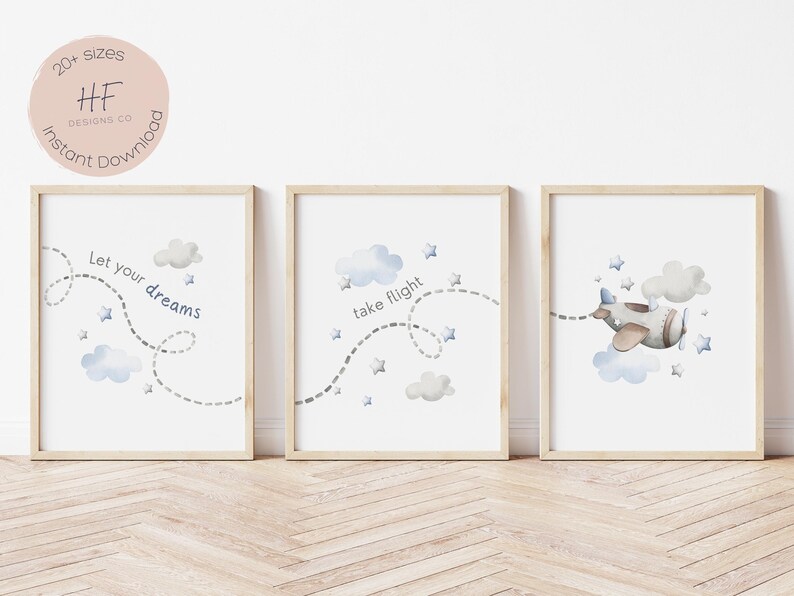 Watercolor Airplane Wall Art, Set of 3, Blue Gray Nursery Decor, Boy ...