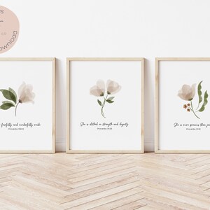 Christian Flower Nursery Decor, Girl Nursery Bible Verse, Baby Girl Nursery Scripture, Watercolor Flower Art Proverbs 31:25, Set of 3 Prints
