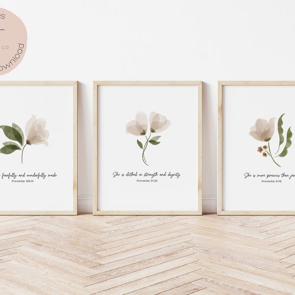 Christian Flower Nursery Decor, Girl Nursery Bible Verse, Baby Girl Nursery Scripture, Watercolor Flower Art Proverbs 31:25, Set of 3 Prints