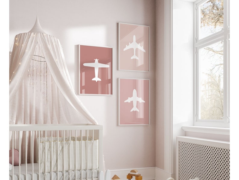 Airplane Nursery Wall Art, Set of 3, Blush Pink Nursery Decor Girl ...