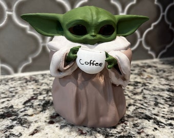 Hand-Painted 3D Printed Grogu Holding Coffee Cup - 6.0"H - Star Wars Fan Art - Mandalorian Gift