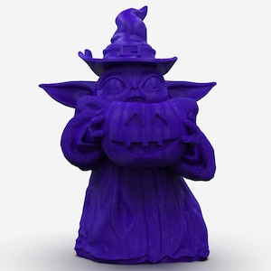 K&ouml;nnte beinhalten: Eine violette 3D-gedruckte Figur eines Charakters, der einen Hexenhut tr&auml;gt und einen K&uuml;rbis mit Fratze h&auml;lt.