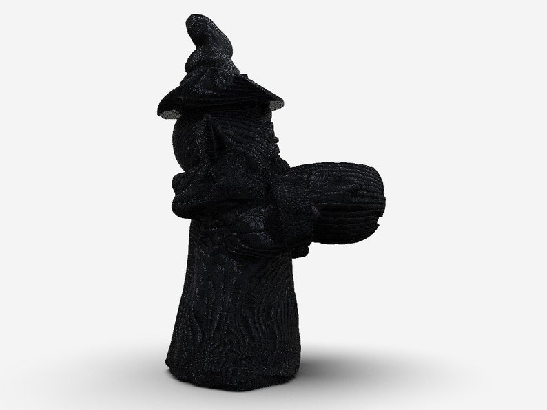 K&ouml;nnte beinhalten: Eine schwarze, strukturierte Holzfigur eines Zauberers, der einen Kessel h&auml;lt. Der Zauberer tr&auml;gt einen spitzen Hut und eine lange, flie&szlig;ende Robe.