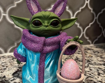 Hand-Painted Easter Grogu with Bunny Ears 3D Printed Figurine