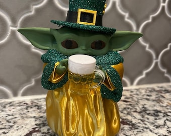 Hand Painted St. Patrick's Day Grogu Figurine – With Mini Beer Glass
