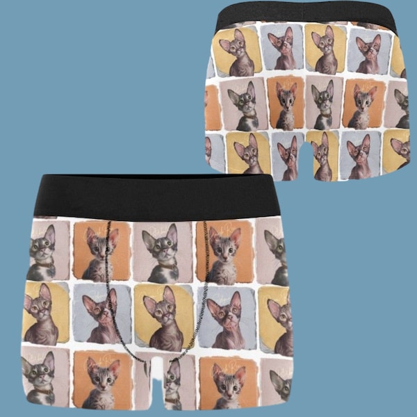 Sphynx Cat Men's Boxer Briefs, Peterbald Kitten Undies Cat Male Underwear Cute Devon Rex Cornish Rex Cats boxer short Undergarments Tiles