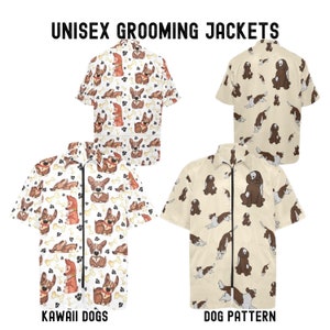 Kawaii Puppies Pet Grooming Jacket, Dog Pattern Stylist Jacket, Zip Up Tunic, Fall Autumn Colours Pet Oversize Groomer Coat, Neutral Tones