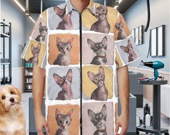 Cat Tiles Grooming Jacket, Sphynx Peterbald Devon Cornish Rex Zip Front Colored Pet Feet Scrub Top Zip Up Tunic Pastel Groomer Shirt Apron