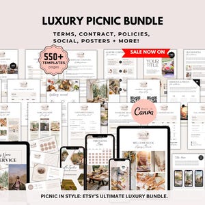 Bewerkbare luxe picknickvormbundel, sjabloon zakelijk contract, Algemene voorwaarden huurovereenkomst, Instagram-berichten