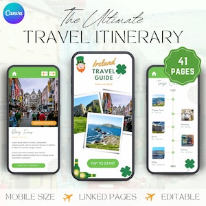 May include: A digital travel itinerary template on a smartphone screen. The design features a green and white color scheme with images of Ireland. Text includes "The Ultimate Travel Itinerary", "Ireland Travel Guide", and "41 Pages".