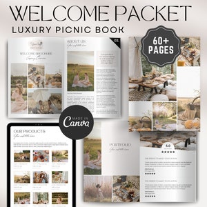 Livro de boas-vindas para piquenique de luxo, planejador de eventos, planejamento de piquenique, modelo de portfólio, folheto de guia de revista, serviços de piquenique, guia de preços