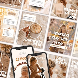 May include: A collection of social media post templates featuring autumn-themed imagery, including a pumpkin latte, a person holding a coffee cup, and text overlays like first up, pumpkin latte, spend a day with me, and 25 hooks for more engagement.
