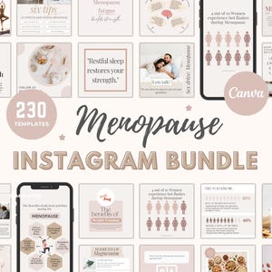 Peut inclure: Un collage d'images aux couleurs rose et marron, avec du texte sur la ménopause, y compris des conseils, des symptômes et du soutien. Les textes "230 Modèles" et "Bundle Instagram Ménopause" sont également visibles.