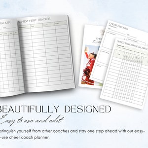 May include: A cheerleading coach planner featuring sections for performance and achievement tracking, and tryout evaluations. Text reads "BEAUTIFULLY DESIGNED" and "Easy to use and edit". The planner is designed to help coaches stay organised.