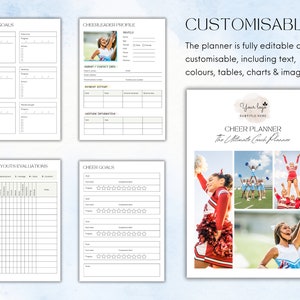 May include: A customisable cheerleading planner with templates for fitness goals, cheerleader profiles, tryout evaluations, and cheer goals. The planner includes text, tables, charts, and images. The cover features cheerleaders.