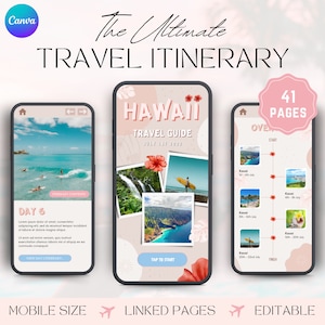 以下が含まれることがあります： ハワイ旅行の旅程が表示された携帯電話の画面。旅程は日別に分けられており、地図、写真、テキストが含まれています。携帯電話の画面はピンクと白の花柄で囲まれています。画面のテキストには「ハワイ旅行ガイド 2023年7月13日～20日」と「41ページ」と表示されています。