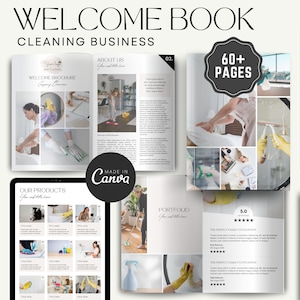 Pu&ograve; includere: Un libro di benvenuto per un'azienda di pulizie con uno schema di colori bianco e grigio. Il libro ha oltre 60 pagine e include immagini di prodotti e servizi di pulizia. La copertina presenta il testo "Welcome Book" e "Cleaning Business".
