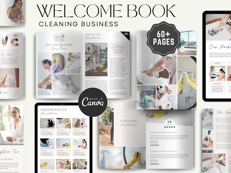 Pu&ograve; includere: Un libro di benvenuto per un'azienda di pulizie con uno schema di colori bianco e grigio. Il libro ha oltre 60 pagine e include immagini di prodotti e servizi di pulizia. La copertina presenta il testo "Welcome Book" e "Cleaning Business".