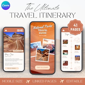 May include: A mobile phone screen displaying a travel itinerary for national parks. The itinerary includes a trip overview, day one, and day two. The screen also includes a "Tap to Start" button. The phone is on a sandy surface with a brown background.