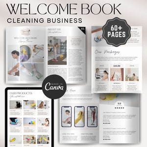 Op de afbeelding: Een digitaal welkom boek voor een schoonmaakbedrijf met een roze en witte kleurstelling. Het boek bevat informatie over het bedrijf, de diensten en de prijzen. De omslag toont de tekst "Welcome Book" en "Cleaning Business".