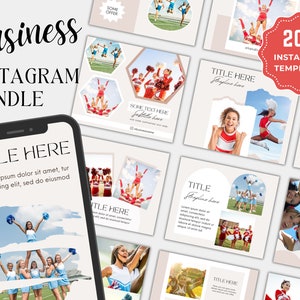 K&ouml;nnte beinhalten: Eine Sammlung von 200 Instagram-Vorlagen mit Cheerleadern in roten und blauen Uniformen. Die Vorlagen sind f&uuml;r Unternehmen konzipiert und beinhalten Textfelder f&uuml;r Titel und Slogans. Der Text "200 Instagram-Vorlagen" wird in einer roten Sternform angezeigt.