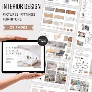 Interior Design Template Finishes, Furniture, Hardware & Fixtures Schedule, FFE Moodboard Template, Design Proposal Canva Schedule
