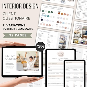 May include: A digital client questionnaire for interior design projects. The questionnaire is available in two formats: portrait and landscape. It includes 32 pages and covers topics such as color schemes, kitchen design, and budget.