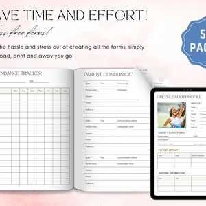 May include: A digital planner with forms for attendance tracking, parent communication, and cheerleader profiles. The planner includes 58 pages and features a clean, minimalist design with text that reads "Save Time and Effort! Stress free forms!"
