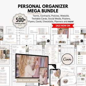 May include: A digital personal organizer mega bundle featuring over 500 templates including terms, contracts, policies, website layouts, textable cards, social media graphics, posters, flyers, checklists, and planners, all designed for use in Canva.