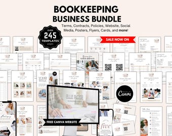 Può includere: Un pacchetto business per contabilità con oltre 245 modelli per termini, contratti, politiche, siti web, social media, poster, volantini e schede. La collezione include vari layout di documenti, un monitor per computer e uno smartphone.