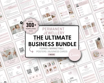 Puede incluir: Una colección de plantillas comerciales rosas y blancas para negocios de joyería permanente. La imagen central muestra "THE ULTIMATE BUSINESS BUNDLE" con formularios, materiales de marketing, carteles y tarjetas de visita. Incluye más de 300 plantillas.