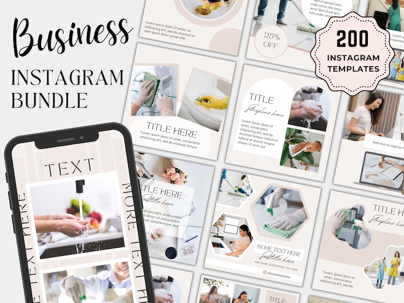 Pu&ograve; includere: Una collezione di 200 modelli di Instagram per le aziende. I modelli presentano uno schema di colori rosa chiaro e bianco con immagini di mani che si lavano, puliscono e lavorano su un laptop. Il testo "200 modelli di Instagram" &egrave; visualizzato in un cerchio rosa.