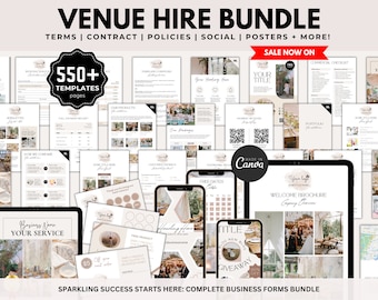 May include: A digital marketing bundle for venue hire businesses. The bundle includes over 550 templates for social media, posters, contracts, policies, and more. The text "SALE NOW ON" is displayed in red at the top of the image. The text "SPARKLING SUCCESS STARTS HERE: COMPLETE BUSINESS FORMS BUNDLE" is displayed at the bottom of the image.