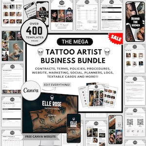 Op de afbeelding: Een uitgebreide business bundle voor tattoo artiesten, met meer dan 400 sjablonen. Inclusief contracten, marketingmateriaal, website templates en meer. De bundel is bewerkbaar met Canva en bevat een gratis website.