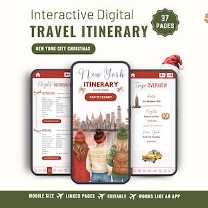 May include: Digital travel itinerary for New York City Christmas, displayed on three smartphones. The screens show flight information, a New York itinerary, and a trip overview. The image includes a coffee cup, taxi, and the Statue of Liberty.
