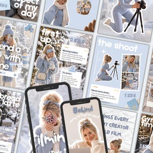 Op de afbeelding: Een collage van social media berichten met een lichtblauw kleurenpalet, met een persoon in winterkleding, een camera op een statief, een gingerbread latte en tekstoverlays waaronder "spend a day with me", "the shoot" en "behind every instagram post".