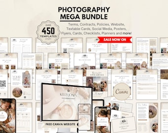 May include: A bundle of over 450 photography templates, including terms, contracts, and social media templates. The image shows various documents, a computer screen, and mobile devices displaying the templates. Text includes "Photography Mega Bundle" and "Sale Now On."