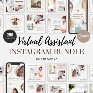 May include: A collection of 200 Instagram post templates for virtual assistants. The templates feature a variety of designs with a neutral color palette of beige, white, and brown. The text "Virtual Assistant Instagram Bundle" is displayed in a brown font. The text "Edit in Canva" is displayed in a white font.