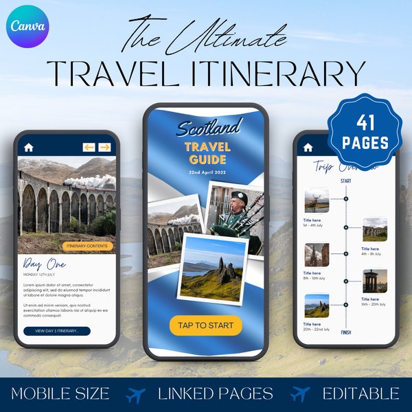 Scotland Digital Travel Itinerary For Mobile | Digital Travel Template | Travel Guide Scotland | Travel Itinerary Template | Trip Itinerary