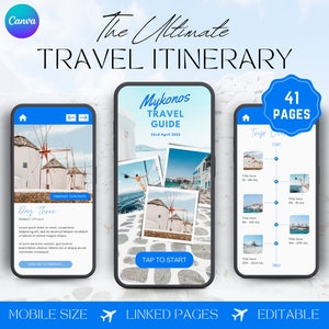 Mykonos Vacation Planner, Mobile Travel Itinerary Template, Digital Trip Itinerary, Editable Itinerary, Mykonos Guide, Mykonos Trip, CANVA